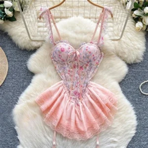 floral lace mini dress with ruffle skirt and fitted bodice