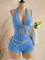 blue halter playsuit with hollow-out drawstring detail