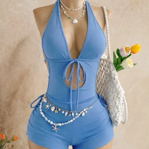 blue halter playsuit with hollow-out drawstring detail