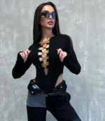 long sleeve cut out bodysuit with high waist fit and hollow out front