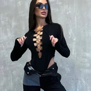 long sleeve cut out bodysuit with high waist fit and hollow out front