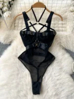 strappy halter bodysuit with sheer mesh panels and black hardware detail