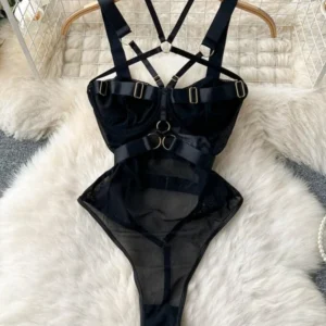 strappy halter bodysuit with sheer mesh panels and black hardware detail