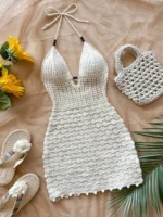 knitted V-neck mini dress with hollow out detail and wooden bead accents