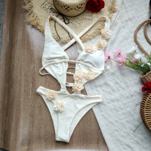 3D flower swimsuit with hollow out detail and floral appliqués