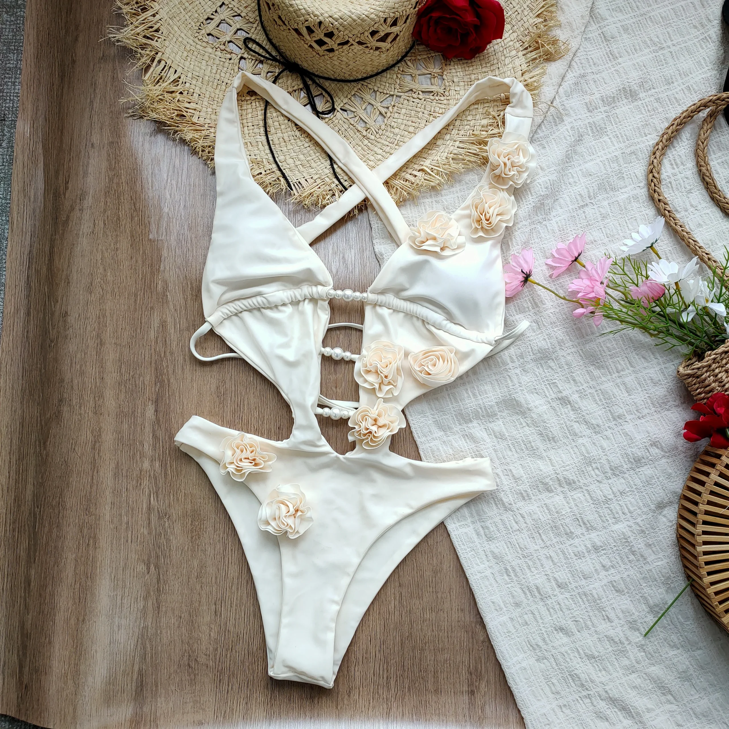 3D Flower One Piece Swimsuit 3D flower swimsuit with hollow out detail and floral appliqués