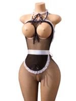 Maid Bodysuit Costume with sheer fishnet fabric, open-bust styling, lace trim, apron detail, and bow accents
