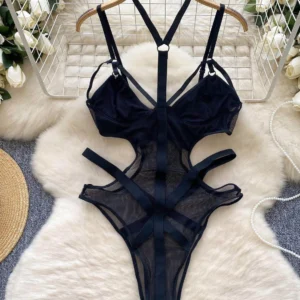 cut out mesh bodysuit with sheer panels and strappy hollow out design