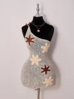 starfish crochet mini dress with asymmetrical neckline and hollow-out texture