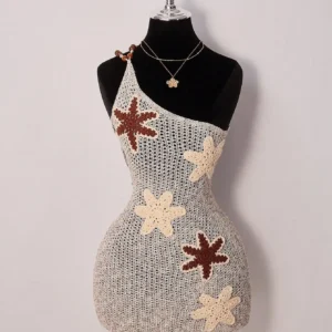 starfish crochet mini dress with asymmetrical neckline and hollow-out texture