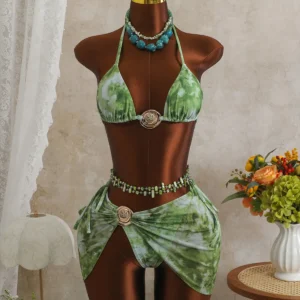 tie dye halter bikini set with matching skirt