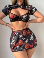 Dragon Print Skirt Set with matching crop top, mini skirt, short sleeve cover-up detail, and bold printed design