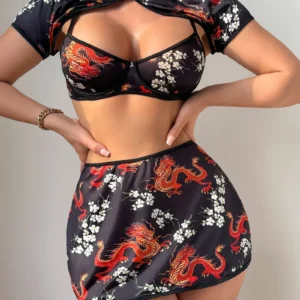 Dragon Print Skirt Set with matching crop top, mini skirt, short sleeve cover-up detail, and bold printed design