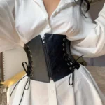 Lace Up Corset Belt with wide waist design, front zipper, and side lacing