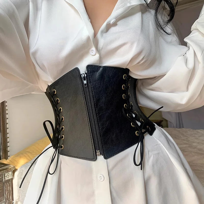 Lace-Up Front Corset Belt Lace Up Corset Belt with wide waist design, front zipper, and side lacing