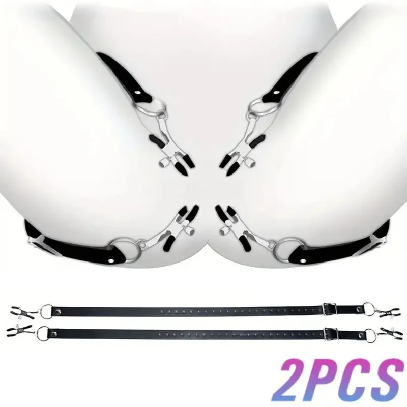 Adjustable Adult Clip Set Adjustable Clip Set with black PU leather straps, metal clips, rings, and buckle details