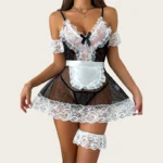 Polka Dot Maid Dress with sheer mesh fabric, white lace trim, apron detail, bow accent, and flirty mini silhouette