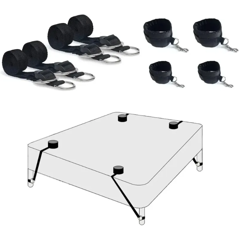 Adjustable Bed Restraint Kit Bed Restraint Kit with adjustable nylon straps, soft cuffs, metal clips, and bed setup illustration