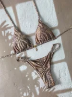 leopard push up bikini with halter neck and low waist thong bottom