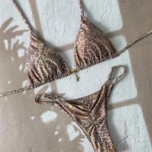 leopard push up bikini with halter neck and low waist thong bottom