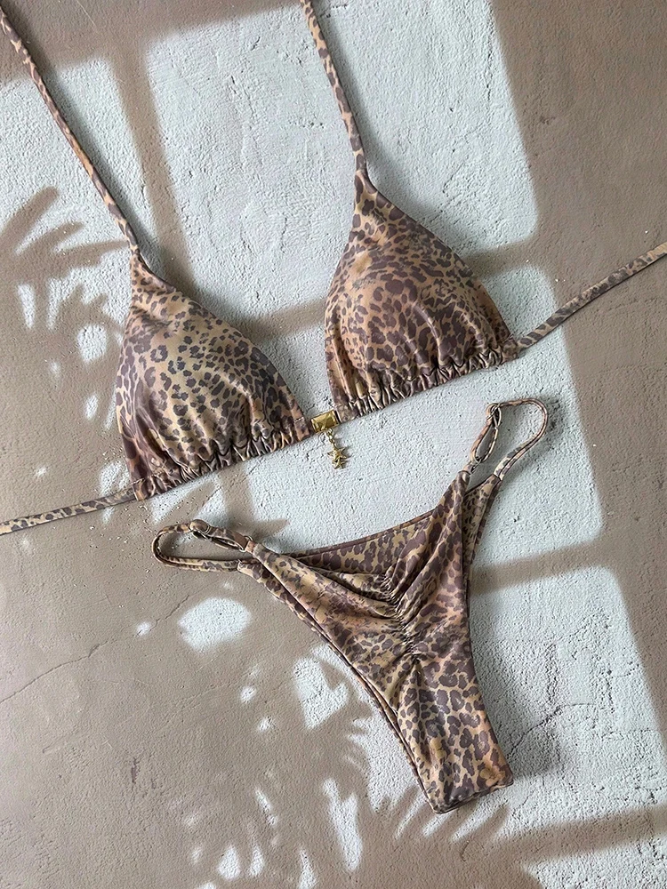 Leopard Push Up Bikini leopard push up bikini with halter neck and low waist thong bottom