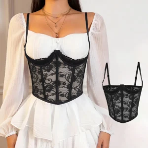 Lace Bustier Top with sheer black lace, underwire support, and adjustable straps