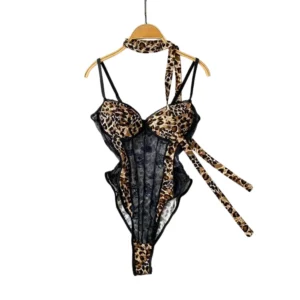 leopard lace bodysuit with strappy detail and slim fit silhouette