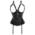 Gothic Underbust Corset with front zipper, buckle details, halter straps, and black faux leather look