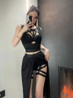 Gothic Skirt Set with sleeveless crop bra top, ankle-length slit skirt, and bold cut-out clubwear styling