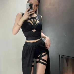 Gothic Skirt Set with sleeveless crop bra top, ankle-length slit skirt, and bold cut-out clubwear styling