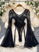 lace flare sleeve bodysuit with sheer floral lace and garter straps
