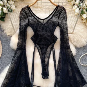 lace flare sleeve bodysuit with sheer floral lace and garter straps