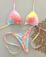 Micro Bikini Set with halter neck top, lace-up ties, thong bottom, and heart ring details