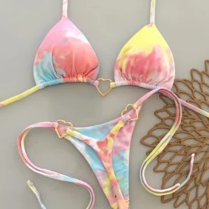 Micro Bikini Set with halter neck top, lace-up ties, thong bottom, and heart ring details