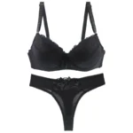 Padded Lace Bra Set with underwire cups, bow detail, matching thong, and elegant lingerie styling