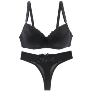 Padded Lace Bra Set with underwire cups, bow detail, matching thong, and elegant lingerie styling