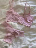 Lace Bralette Set with adjustable straps, matching low waist panties, lace trim, and soft everyday lingerie styling