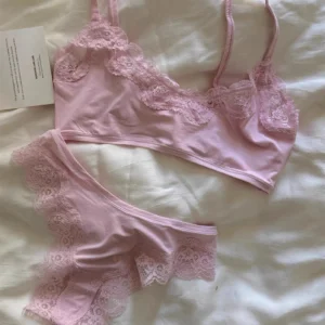 Lace Bralette Set with adjustable straps, matching low waist panties, lace trim, and soft everyday lingerie styling