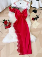 Lace Satin Nightgown with spaghetti straps, lace patchwork, smooth fabric, and elegant mid-calf length