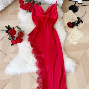 Lace Satin Nightgown with spaghetti straps, lace patchwork, smooth fabric, and elegant mid-calf length
