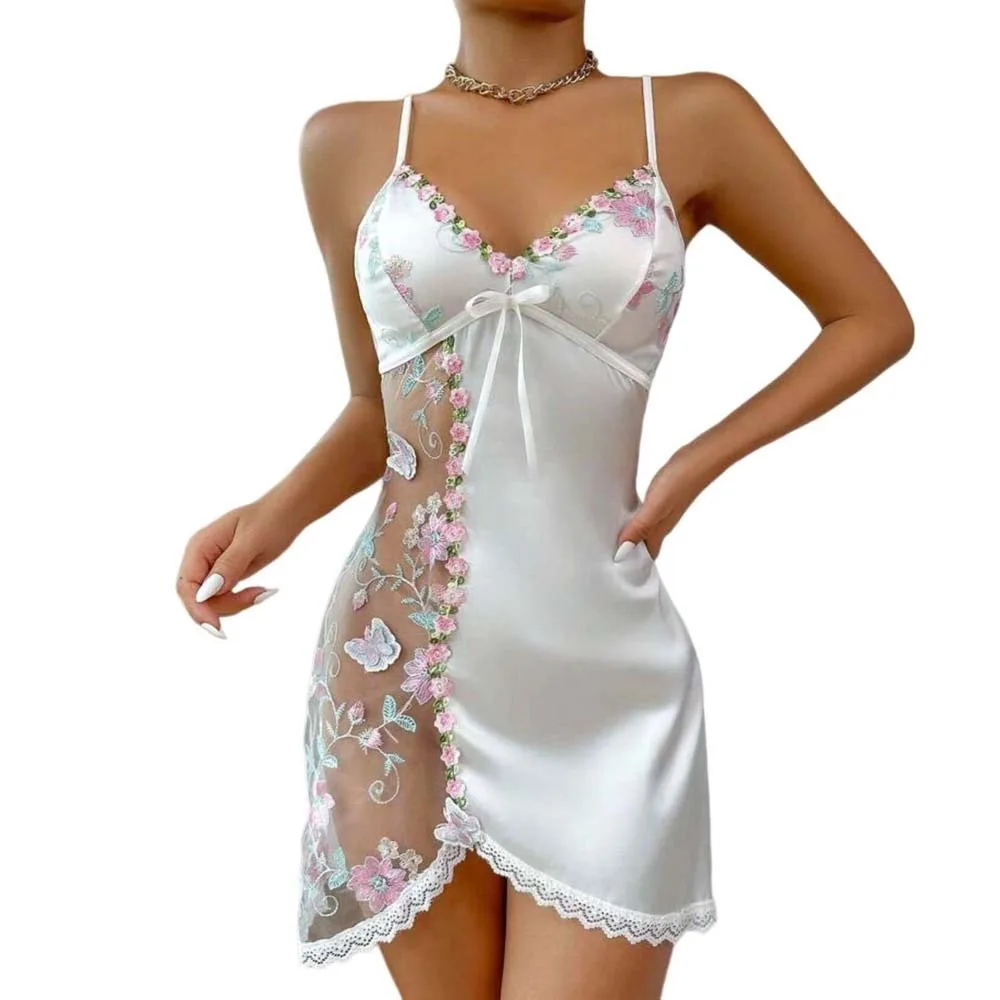 Floral Embroidered Nightdress Embroidered Nightdress with floral mesh detail, V-neckline, lace trim, bow accent, and romantic summer sleepwear styling