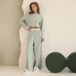 Cardigan Pajama Set with long sleeve open-front top, full-length pants, elastic waist, and soft homewear styling