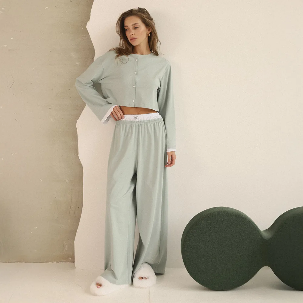 Soft Cardigan Pajama Set Cardigan Pajama Set with long sleeve open-front top, full-length pants, elastic waist, and soft homewear styling