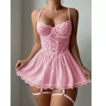 White Lace Babydoll Set with lace cups, sheer skirt, lace-up front, garter straps, and romantic styling