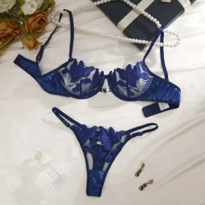 Floral Embroidery Bra Set with blue mesh cups, underwire support, matching thong, and romantic lingerie styling