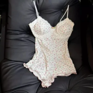 Floral Lace Bodysuit with lace trim, floral print, slim fit shape, and sweet summer styling