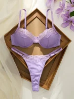 Purple Lace Bra Set with underwire cups, matching G-string, lace trim, and romantic lingerie styling