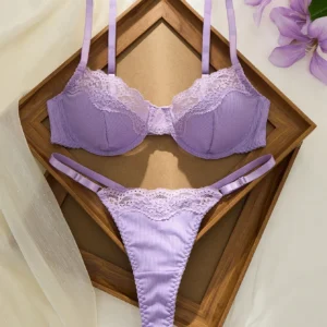 Purple Lace Bra Set with underwire cups, matching G-string, lace trim, and romantic lingerie styling