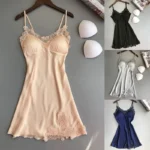 Silk Lace Nightdress with V-neckline, floral lace trim, sleeveless straps, and elegant satin-style sleepwear design