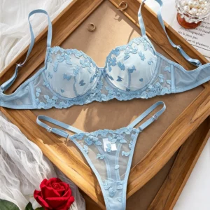 Blue Lace Bra Set with embroidered mesh cups, underwire support, matching thong, and romantic lingerie styling